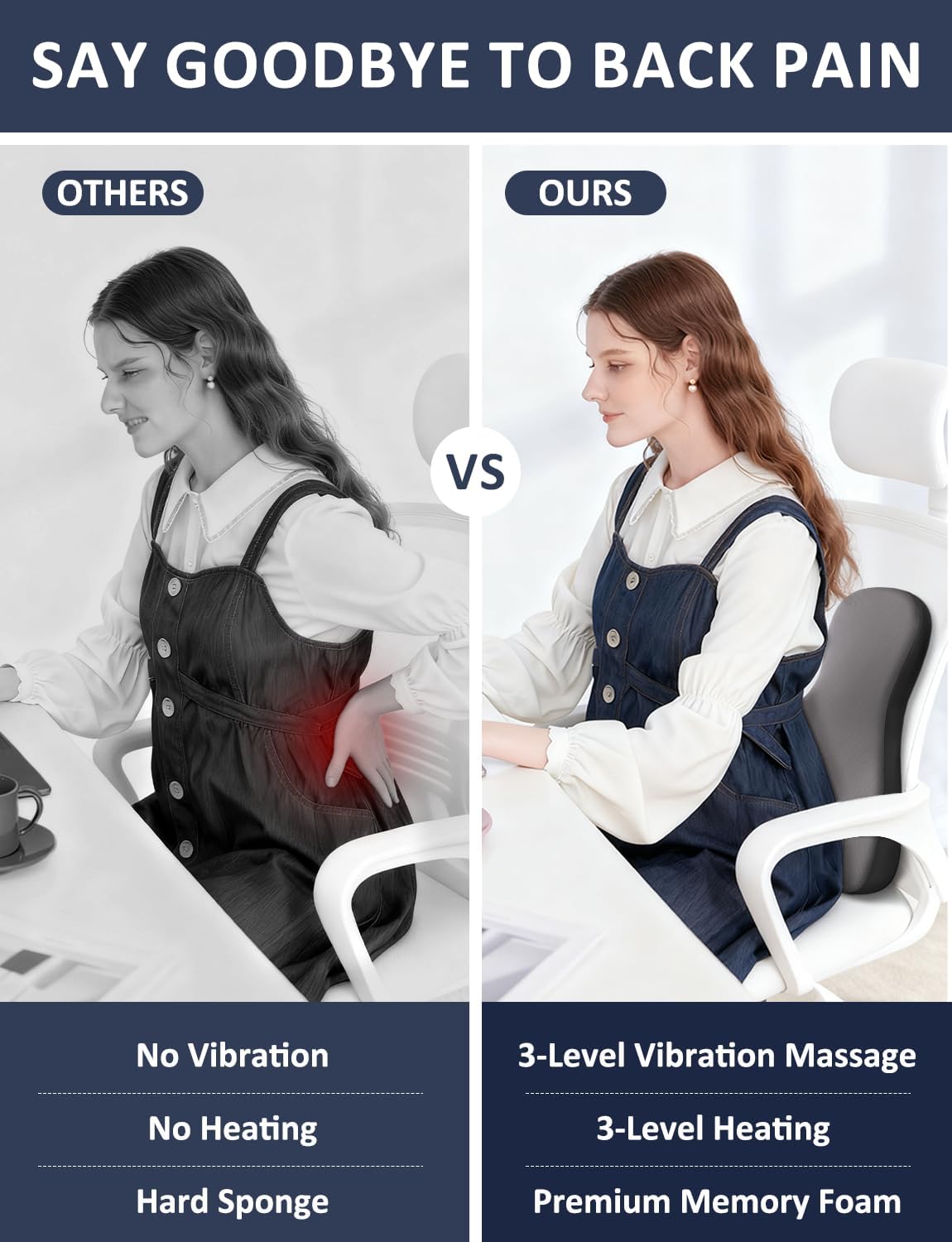 Lumbar Support Pillow for Office Chair,Heated Back Support Pillow with Vibration, Ergonomic Back Massage Pillow for Pain Relief, Memory Foam Lumbar Pillow for Car,Desk Chair,Gifts for Mom Dad